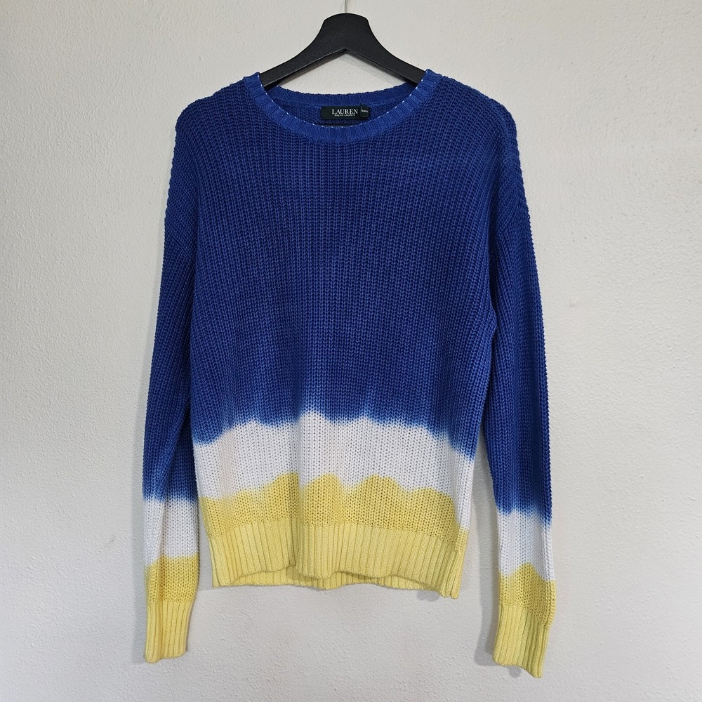 Lauren Ralph Lauren Dip Dye Ombre Chunky Knit Crewneck Sweater Blue/Yellow...